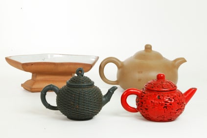 3 Good Chinese Yixing Zisha Teapots & 1 High Bowl