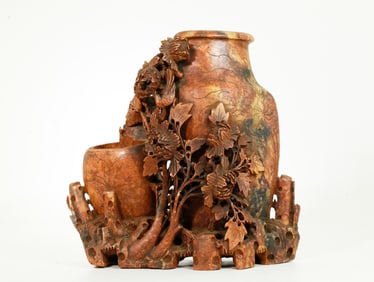 Lg Chinese Qing Shoushan Soapstone 2 Vase Carving