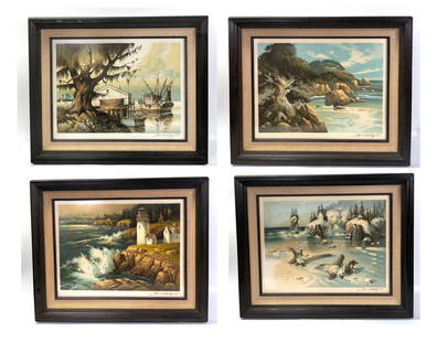 Complete Set of 4 Tom Nicholas Color Lithographs: Tom Nicholas (Massachusetts/Connecticut, b. 1934); the complete set of 4 color lithographs of American Seascapes issued by the Franklin Mint Gallery of Fine Art in 1977: #1 New England Lighthouse, #2