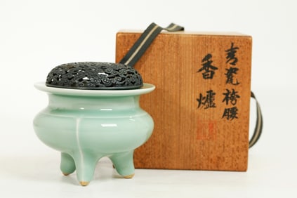 Japanese Celadon Porcelain Censer Silver Cover