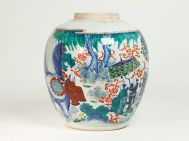 Chinese Blue & White Porcelain Jar Later Enamel