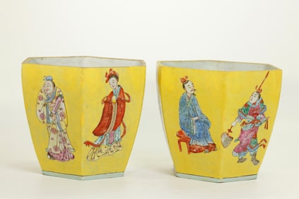 Pr Chinese 6 Sided Yellowl Porcelain Hero Planters