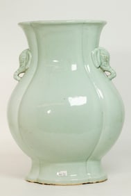 Lg Chinese Celadon 4 Panel Vase Quatrefoil Mouth