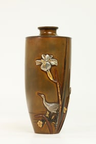 Japanese Bronze & Mixed Metal Iris & Bird Vase