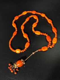 Chinese Butterscotch Amber Bead Necklace; 110.9G