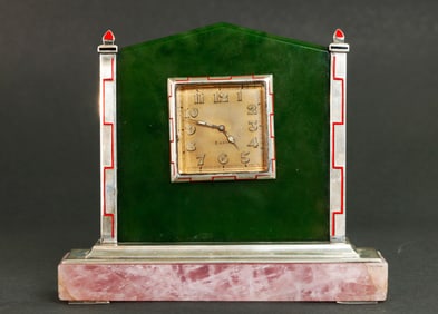 Art Deco Silver Enamel Quartz Agate Table Clock