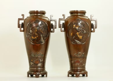 Pr Japanese Bronze & Mixed Metal Vases on Stands