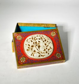 Chinese Warm White Jade Plaque Cloisonne Box