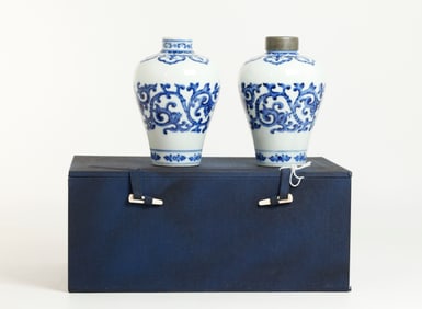 Pr Chinese Blue & White Porcelain Meiping Vases