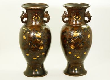 Fine Lg Pr Japanese Mixed Metal & Bronze Vases