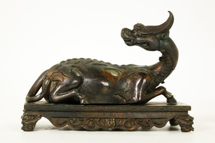 Good Chinese Bronze Mythological Beast on Stand