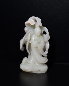 Chinese Warm White Jade Figure & Banana Trees