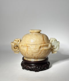 Chinese Archaistic Celadon Jade Covered Censer