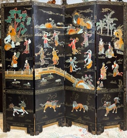 Chinese 4 Panel Lacquer Shoushan Soapstone Screen