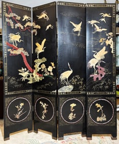 Chinese 4 Panel Lacquer & Soapstone Crane Screen