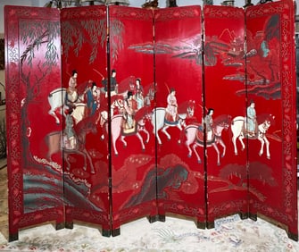 Chinese 6 Panel Red Lacquer Mandarin Figure Screen
