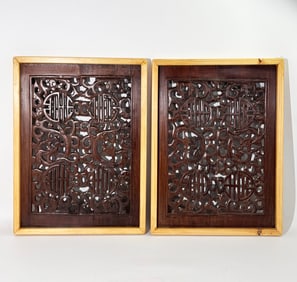 Pr Chinese Shou & Dragon Pierced Hungmu Panels