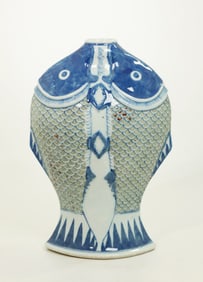 Chinese Qing Blue & Red Porcelain Double Carp Vase
