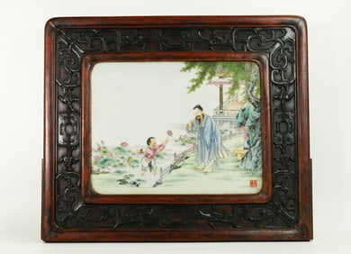 Chinese Enameled Porcelain Plaque Scholar & Lotus