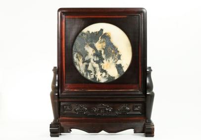 Chinese Round Dream Stone & Wood Table Screen