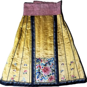 Fine Chinese Qing Pleated Panel Yellow Silk Skirt