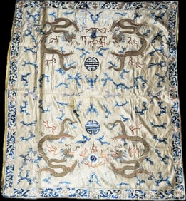 Chinese 19th C Dragon & Shou Silk Embroidery