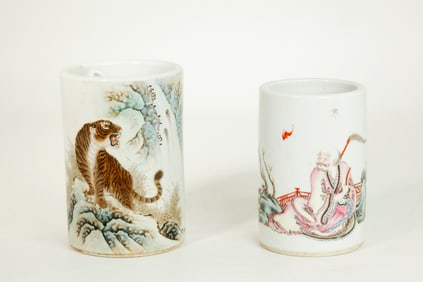 2 Good Chinese Enameled Porcelain Brush Pots