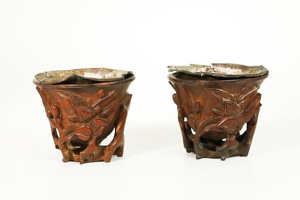 Pr Chinese 17/18th C Wood & Silvered Foil Cups