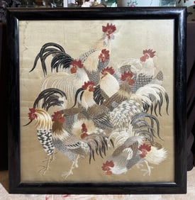 Fine Japanese Silk Embroidery Panel: 12 Chickens