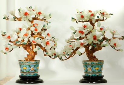 Pr Chinese Jade Magnolia Trees; Cloisonne Planters