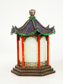 Chinese Silver Enamel & Jade Tube Pagoda Box