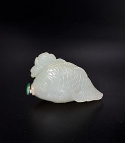 Chinese Warm White Jade Fish & Lotus Snuff Bottle