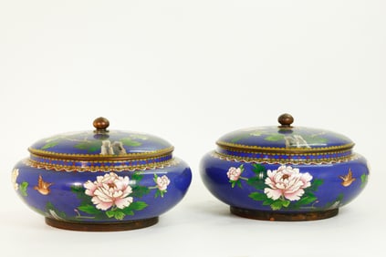 Pr Chinese Cloisonne Flower & Bird Candy Pots