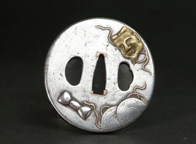 Japanese Ovoid Iron & Mixed Metal Mask Tsuba