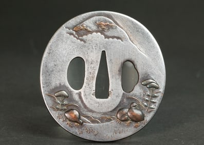 Japanese Ovoid Iron & Mixed Metal Quail Tsuba