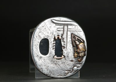 Japanese Ovoid Iron Mixed Metal Rain Figure Tsuba