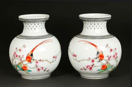 Sm Mirror Pr Chinese Porcelain Bird & Flower Vases