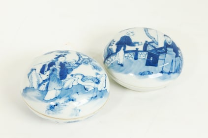 2 Chinese Qing Blue & White Porcelain Round Boxes