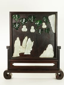 Chinese Green & White Jade Wood Plaque & Stand