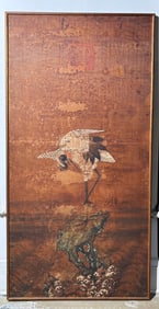 Chinese Ink on Silk Long Life Crane Imperial Seal