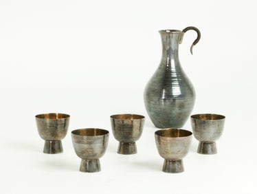 Japanese Silver Wine Pitcher & 5 Cups; 186G
