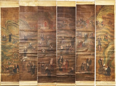 Chinese 6 Scroll Painting on Silk of 60 Lohans