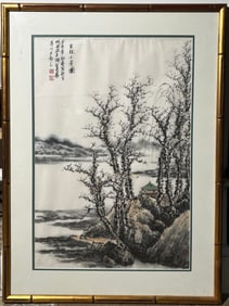 Chinese Ink & Color on Paper Lake Landscape