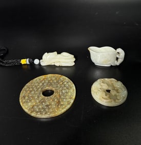 4 Chinese Carved Jades: 2 Bi, Horse Toggle, Cup