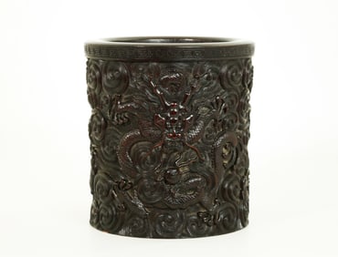 Chinese Black Hard Wood Dragon Bitong Brush Pot