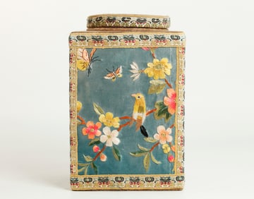 Chinese Silk Covered Wood 4 Sided Tea Caddy