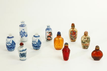 10 Chinese Snuff Bottles; 5 Porcelain, 5 Glass