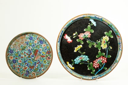 2 Chinese Qing Cloisonne & Bronze Round Trays
