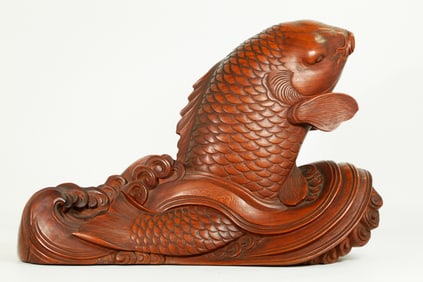 Lg Japanese Carving Carp Leaping Waves, Signed