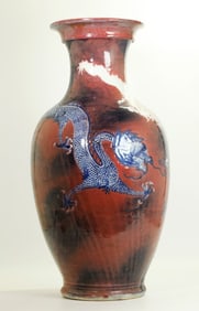 Lg Chinese Qing Blue & Red Porcelain 3 Dragon Vase